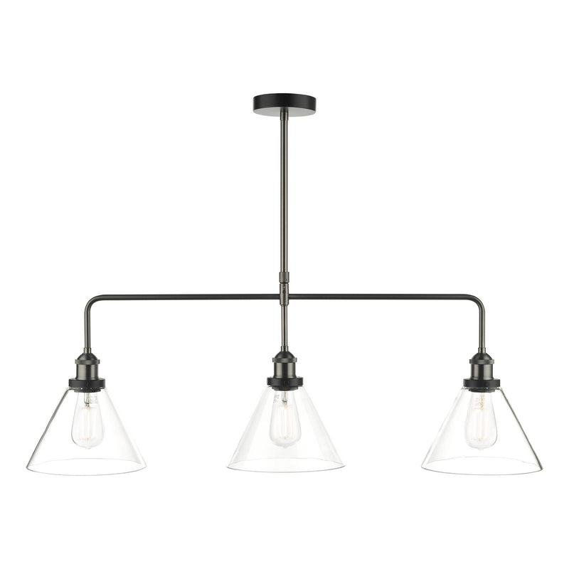 Dar Lighting Ray 3 Light Bar Pendant Antique Nickel Clear Glass • RAY0338