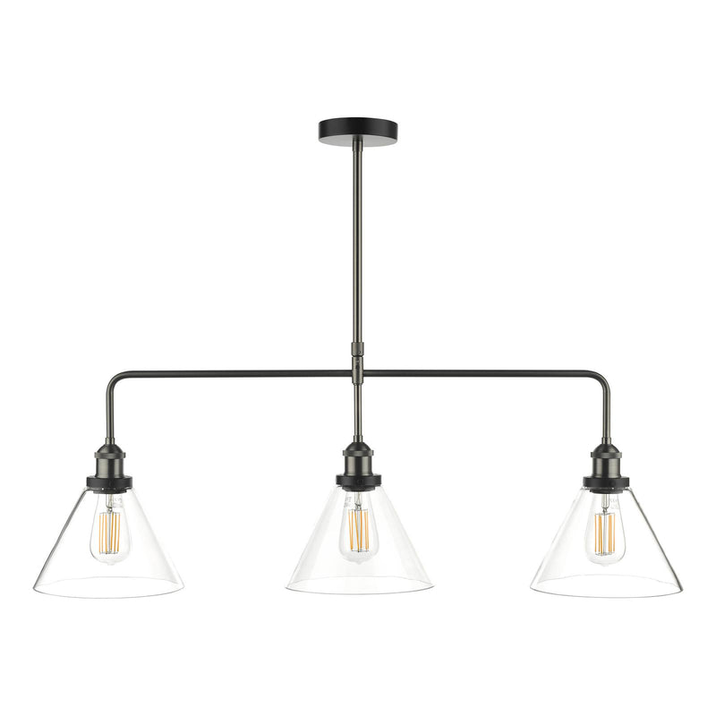 Dar Lighting Ray 3 Light Bar Pendant Antique Nickel Clear Glass • RAY0338