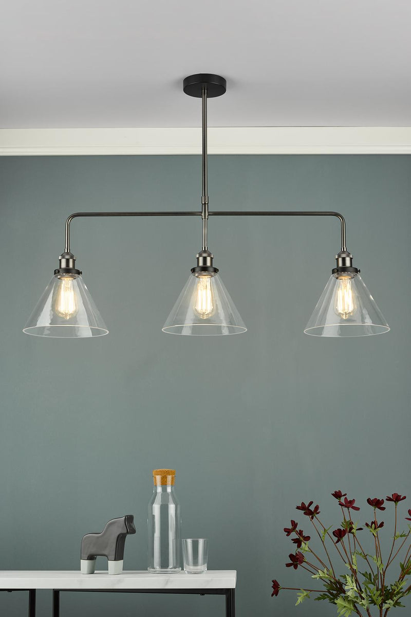 Dar Lighting Ray 3 Light Bar Pendant Antique Nickel Clear Glass • RAY0338
