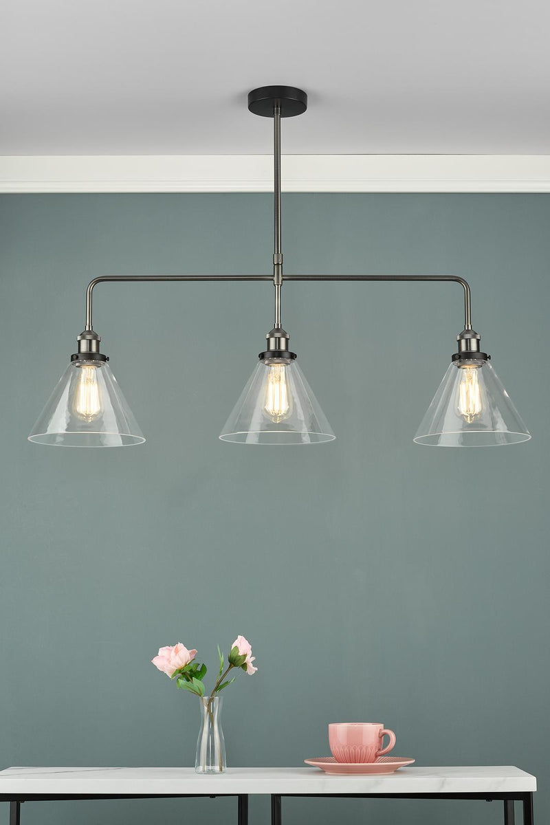 Dar Lighting Ray 3 Light Bar Pendant Antique Nickel Clear Glass • RAY0338