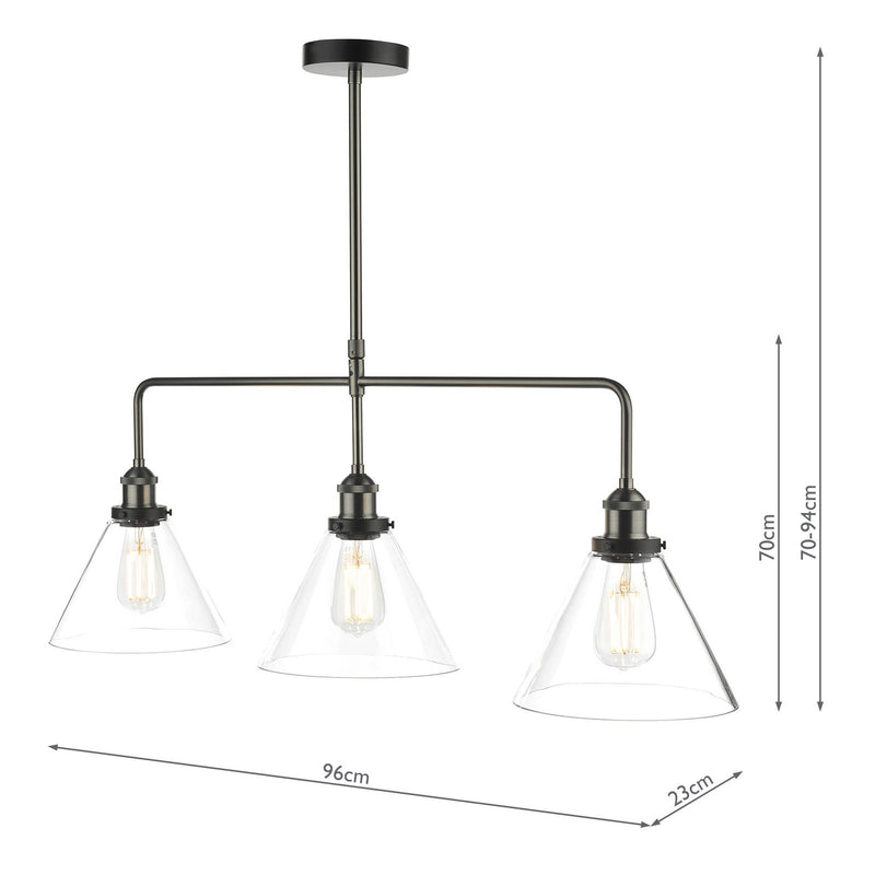 Dar Lighting Ray 3 Light Bar Pendant Antique Nickel Clear Glass • RAY0338