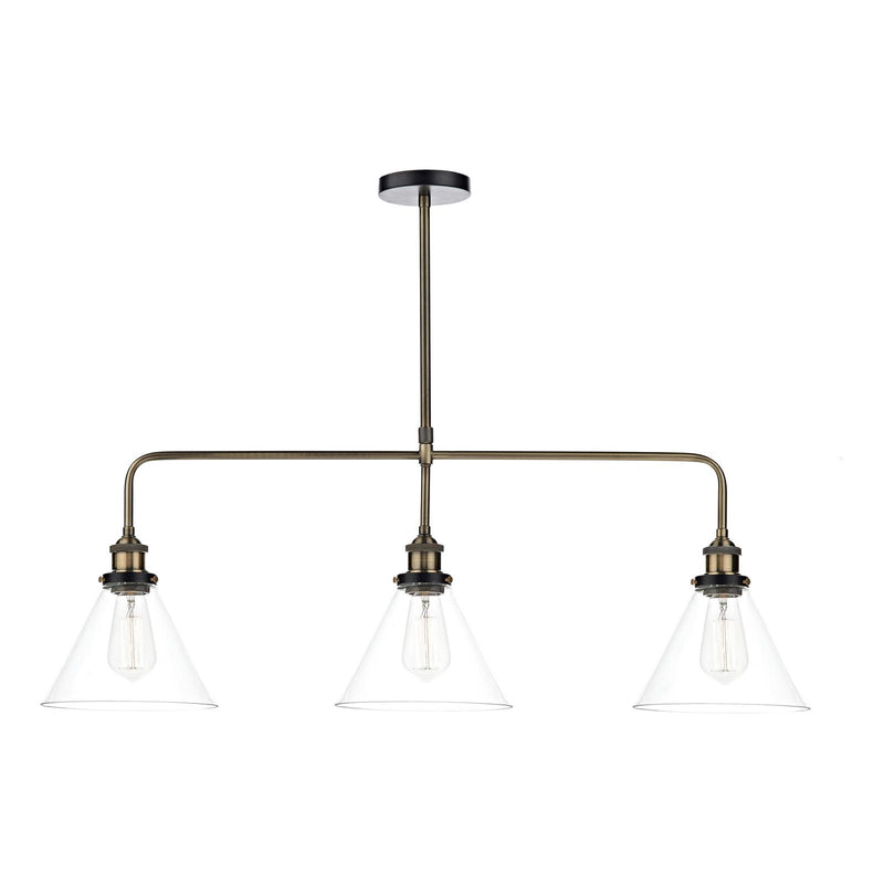 Dar Lighting Ray 3 Light Bar Pendant Antique Brass Clear • RAY0375