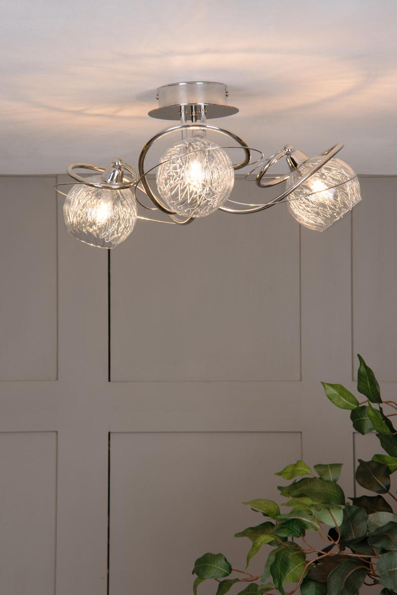 Dar Lighting Rehan 3 Light Semi-Flush Polished Chrome and Ribbed Glass • REH0350