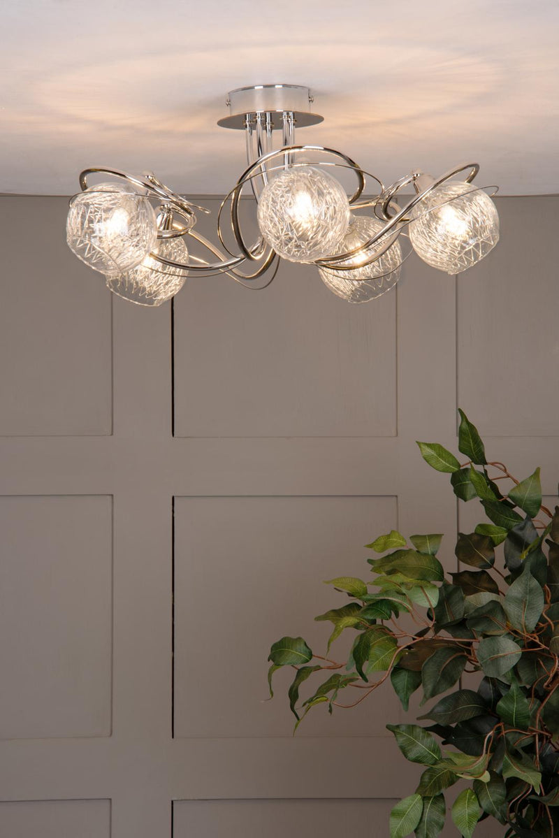 Dar Lighting Rehan 5 Light Semi-Flush Polished Chrome and Ribbed Glass • REH0550