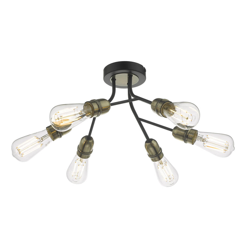 Dar Lighting Remy 6 Light Semi Flush Black & Antique Brass • REM0654