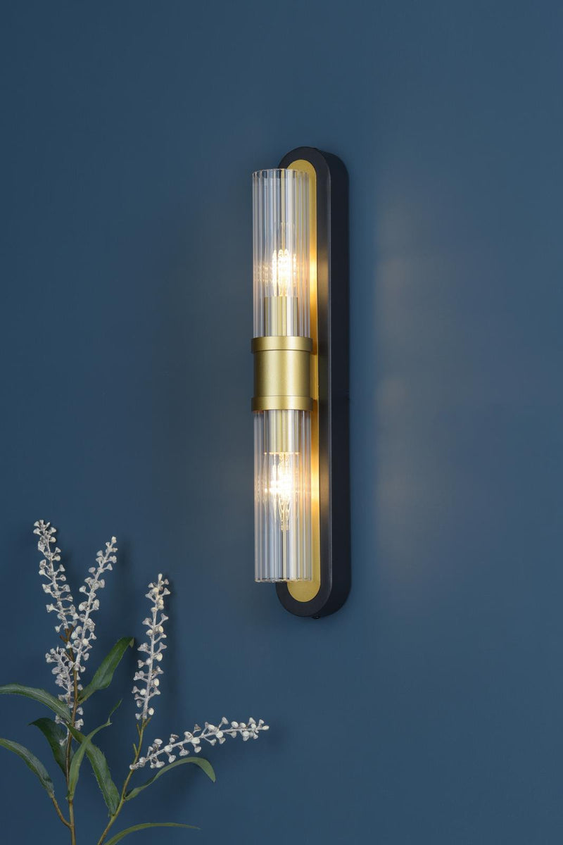 Dar Lighting Rhian 2 Light Wall Light Matt Black and Ribbed Glass • RHI0954