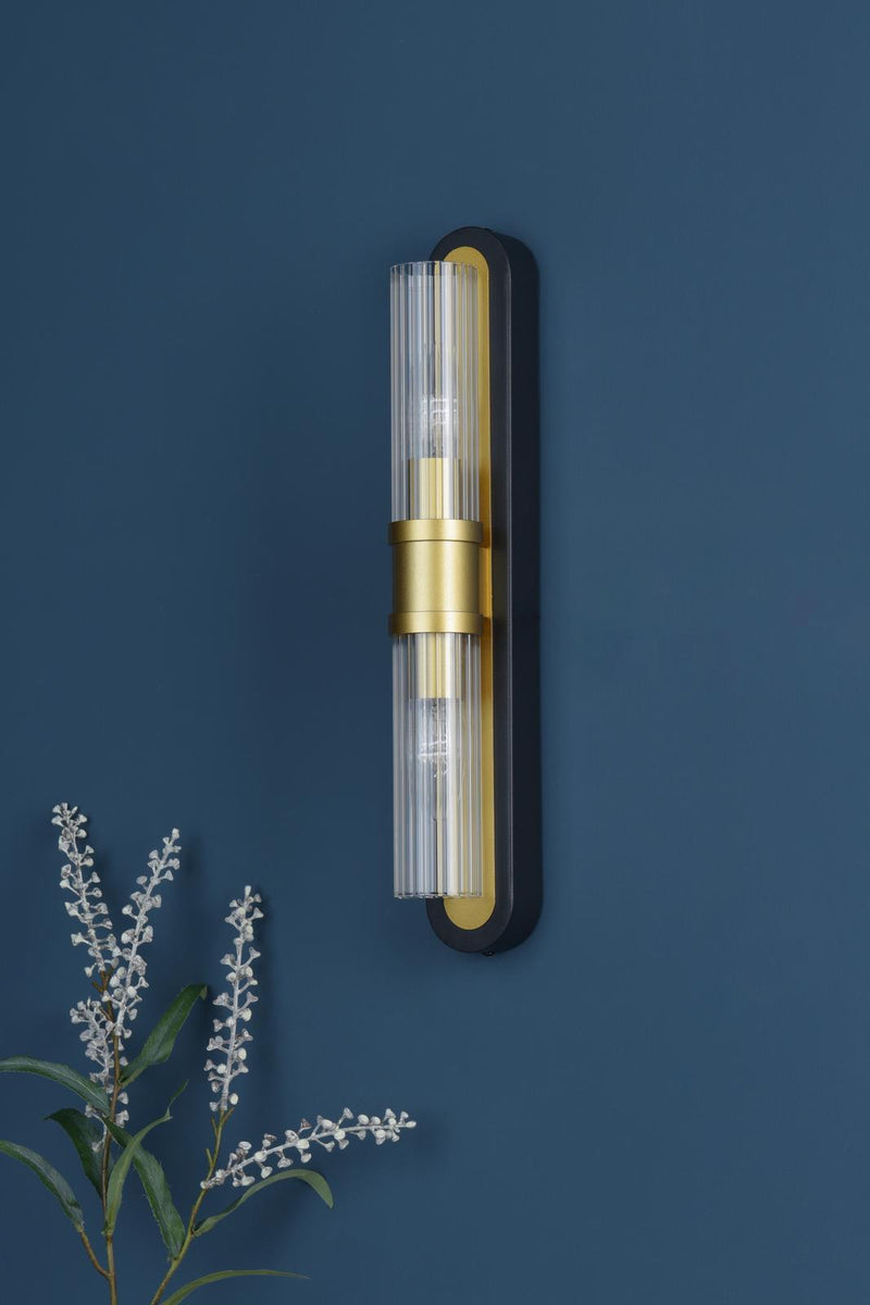 Dar Lighting Rhian 2 Light Wall Light Matt Black and Ribbed Glass • RHI0954