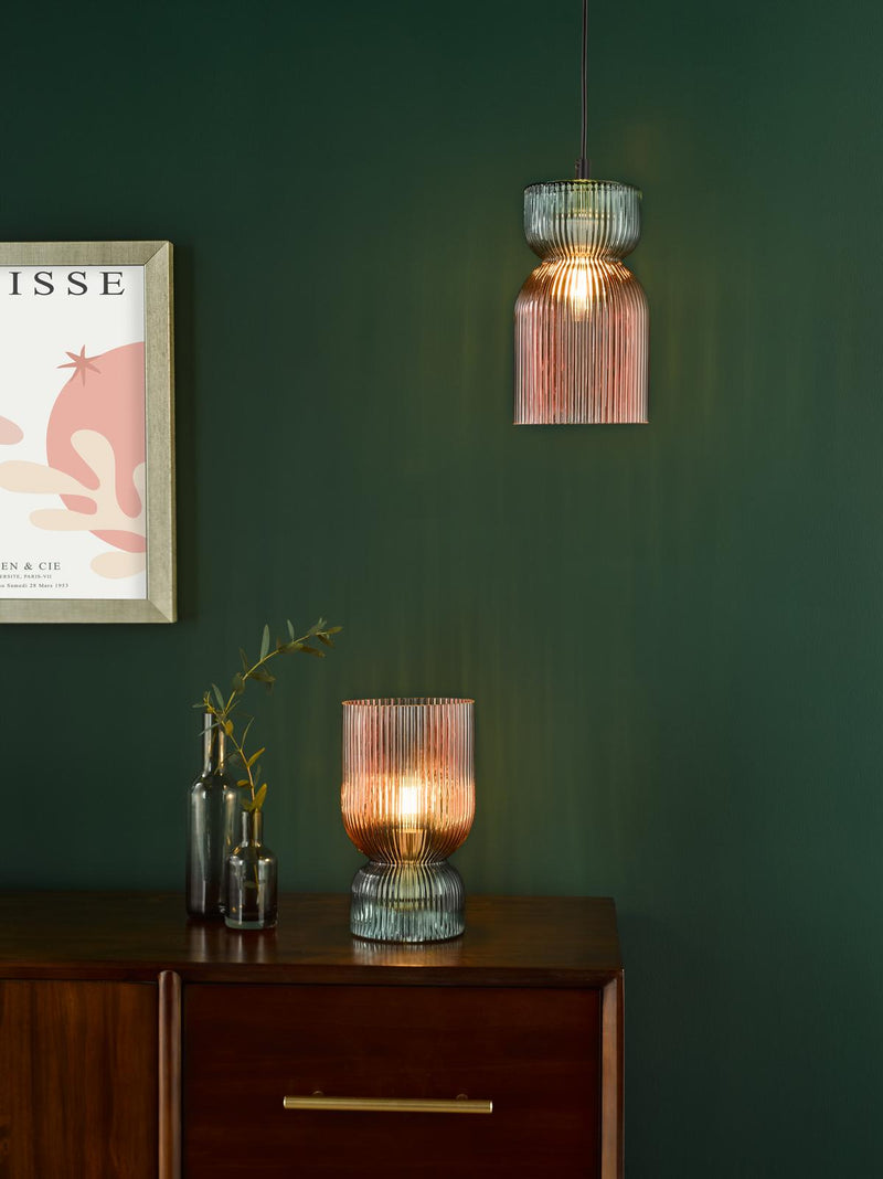 Dar Lighting Rhubarb Pendant Pink and Green Ribbed Glass • RHU0103