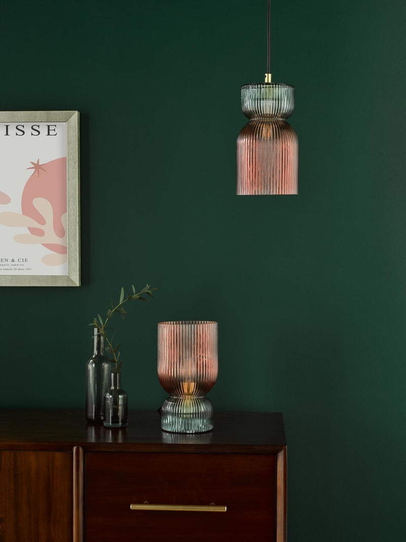 Dar Lighting Rhubarb Pendant Pink and Green Ribbed Glass • RHU0103