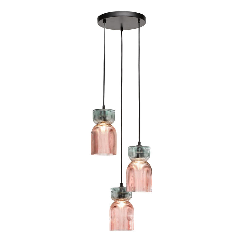 Dar Lighting Rhubarb 3 Light Cluster Pendant Pink and Green Ribbed Glass • RHU0303