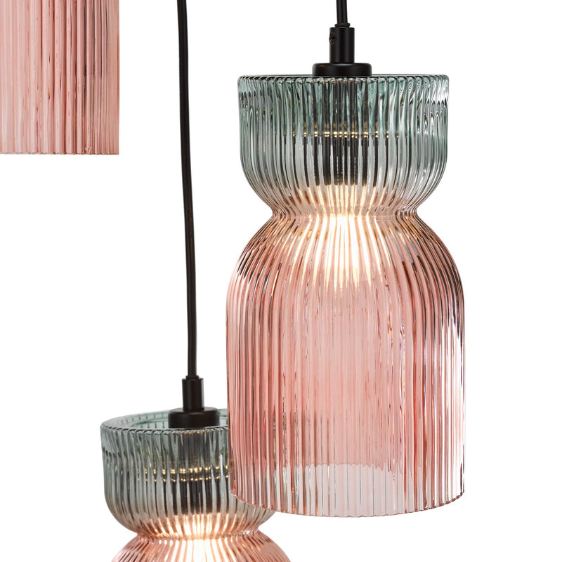 Dar Lighting Rhubarb 3 Light Cluster Pendant Pink and Green Ribbed Glass • RHU0303