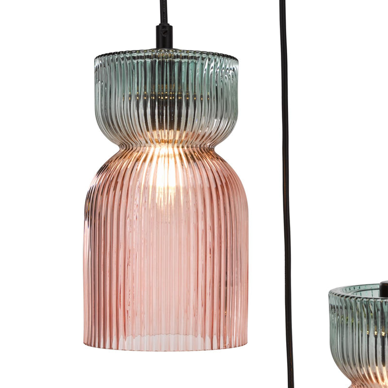 Dar Lighting Rhubarb 3 Light Cluster Pendant Pink and Green Ribbed Glass • RHU0303