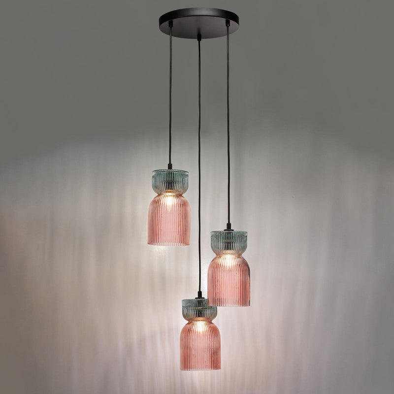 Dar Lighting Rhubarb 3 Light Cluster Pendant Pink and Green Ribbed Glass • RHU0303