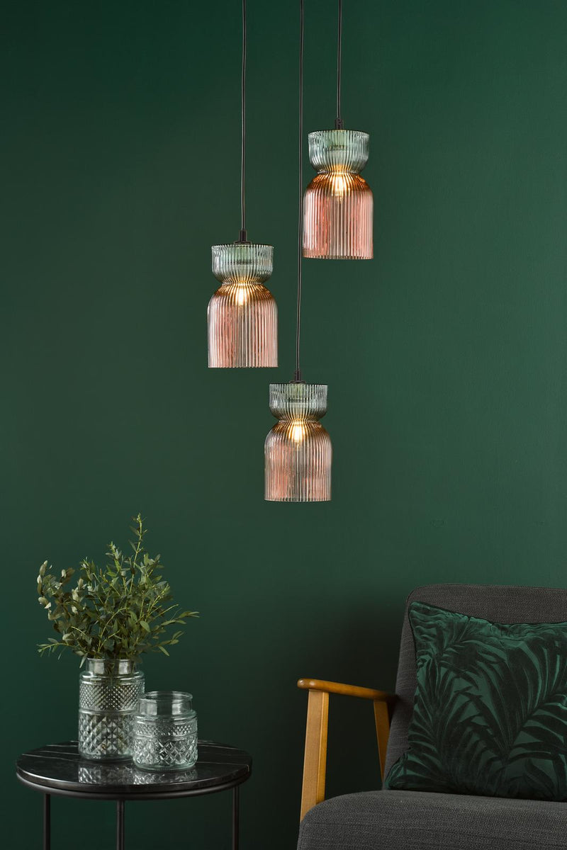Dar Lighting Rhubarb 3 Light Cluster Pendant Pink and Green Ribbed Glass • RHU0303