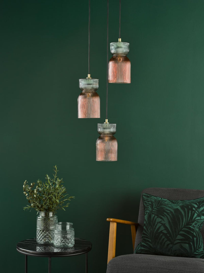 Dar Lighting Rhubarb 3 Light Cluster Pendant Pink and Green Ribbed Glass • RHU0303
