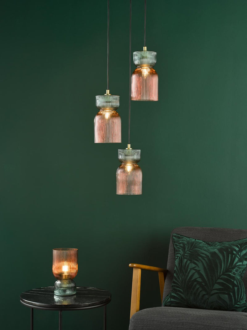 Dar Lighting Rhubarb 3 Light Cluster Pendant Pink and Green Ribbed Glass • RHU0303