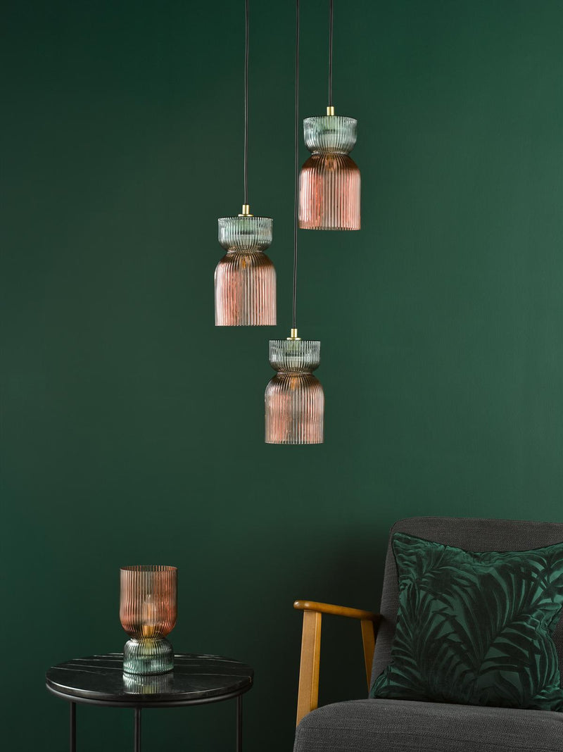 Dar Lighting Rhubarb 3 Light Cluster Pendant Pink and Green Ribbed Glass • RHU0303