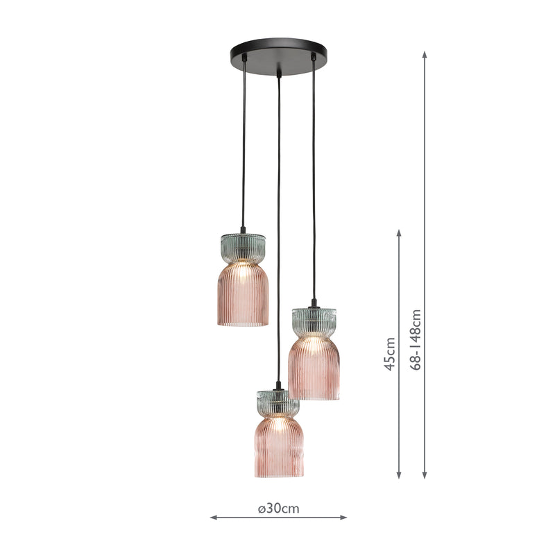Dar Lighting Rhubarb 3 Light Cluster Pendant Pink and Green Ribbed Glass • RHU0303