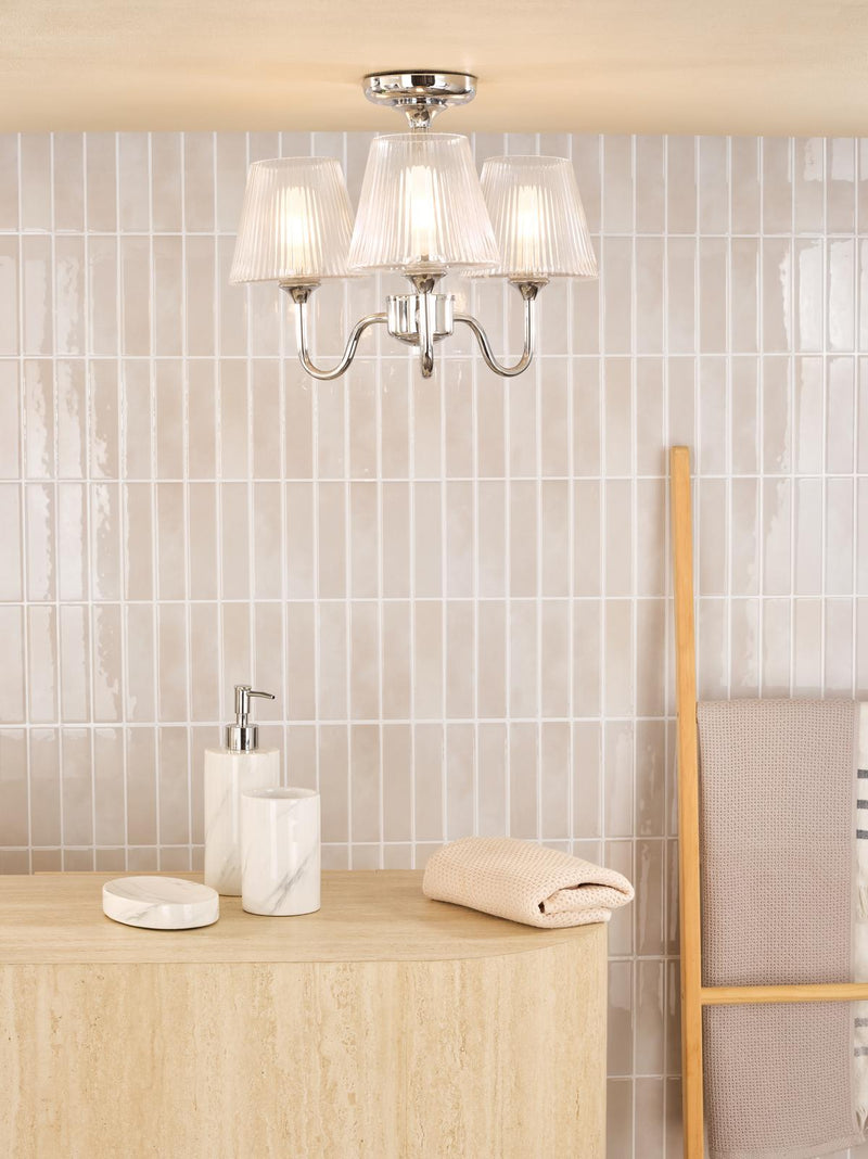 Dar Lighting Rimaz 3 Light Bathroom Semi Flush Polished Chrome and Ribbed Glass IP44 • RIM5350