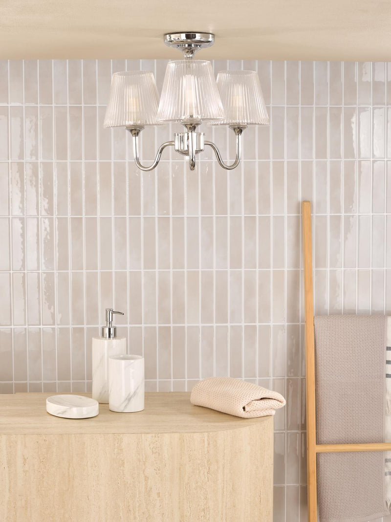 Dar Lighting Rimaz 3 Light Bathroom Semi Flush Polished Chrome and Ribbed Glass IP44 • RIM5350