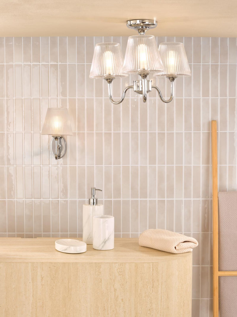 Dar Lighting Rimaz 3 Light Bathroom Semi Flush Polished Chrome and Ribbed Glass IP44 • RIM5350