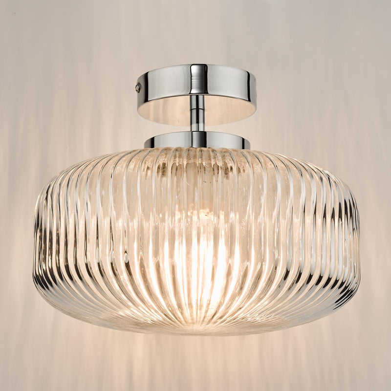 Dar Lighting Riva Bathroom Semi Flush Ceiling Light Ribbed Glass Polished Chrome IP44 • RIV5208