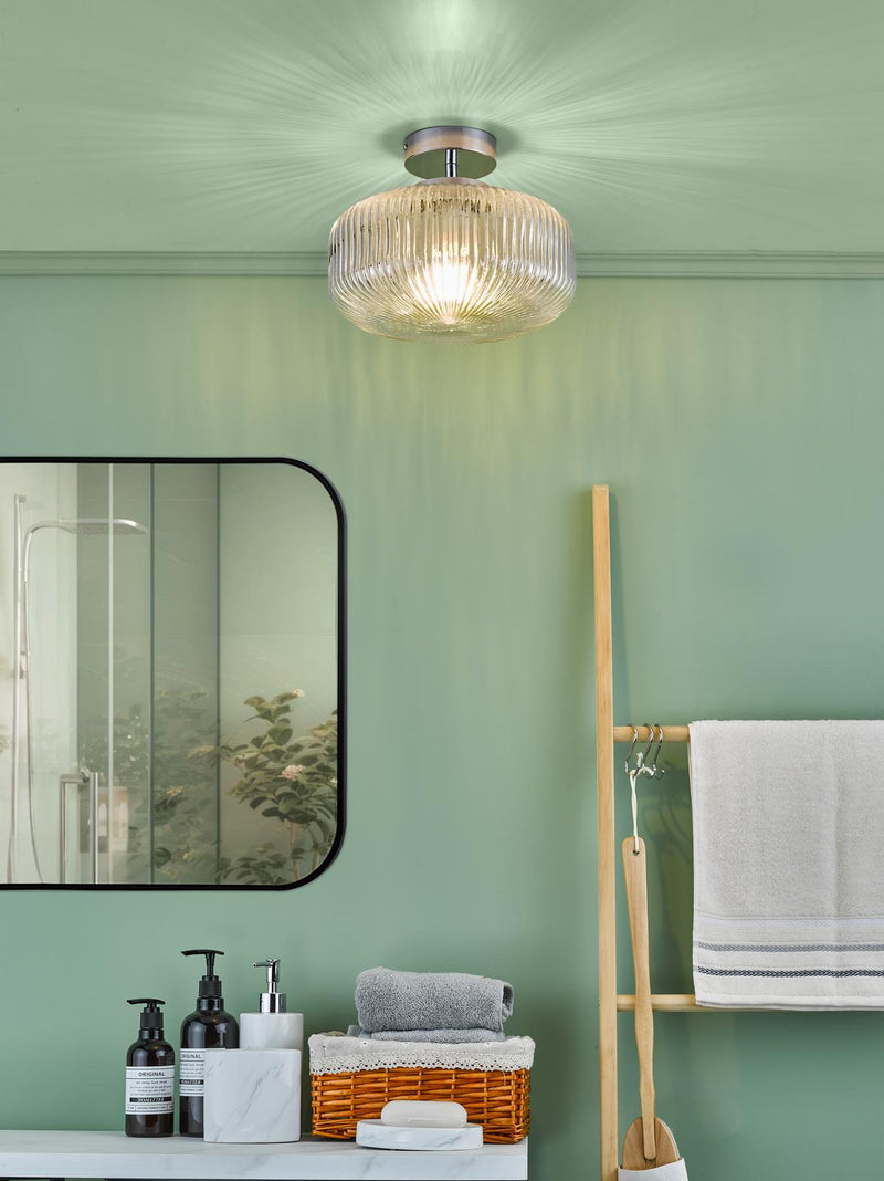 Dar Lighting Riva Bathroom Semi Flush Ceiling Light Ribbed Glass Polished Chrome IP44 • RIV5208