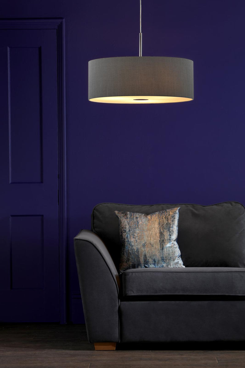 Dar Lighting Ronda 3 Light Pendant Grey Faux Silk Shade 60cm • RON1739
