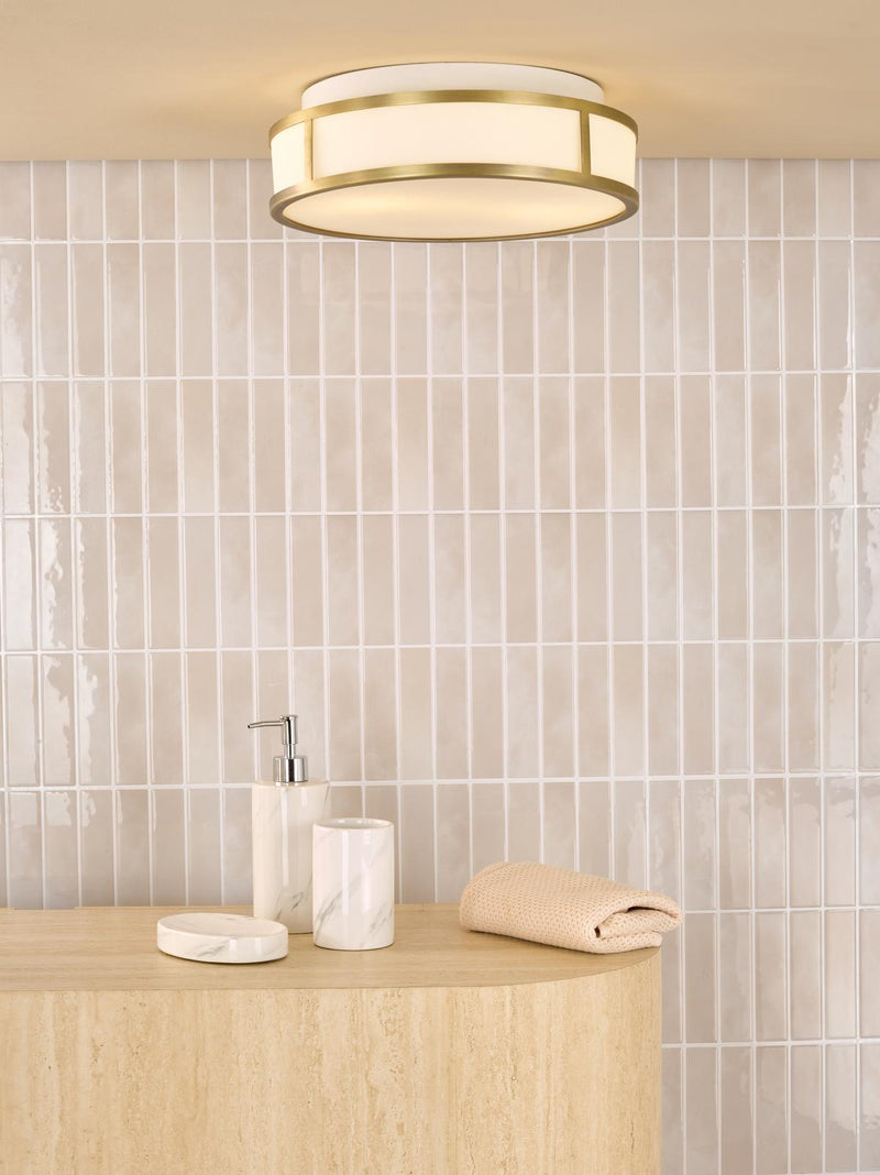 Dar Lighting Royce 2 Light Bathroom Flush Matt Antique Brass and Opal Glass IP44 • ROY5075