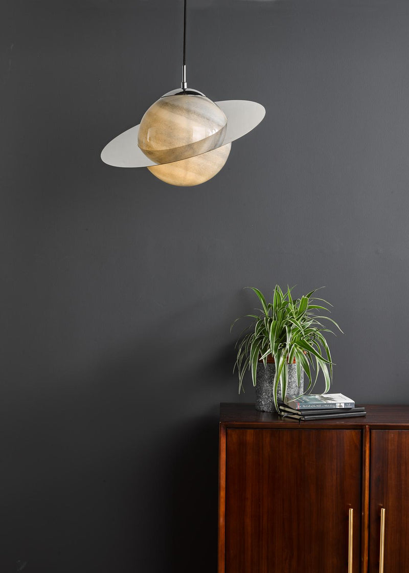 Dar Lighting Saturn Pendant Planet Style Glass and Polished Chrome • SAT0150