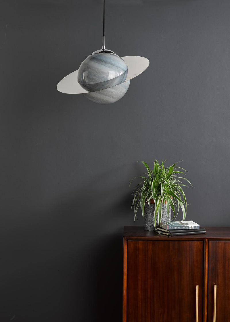 Dar Lighting Saturn Pendant Planet Style Glass and Polished Chrome • SAT0150