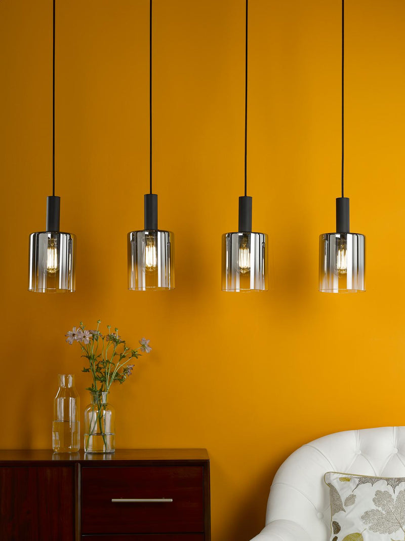 Dar Lighting Savannah 4 Light Bar Pendant Matt Black and Smoked Glass • SAV0422