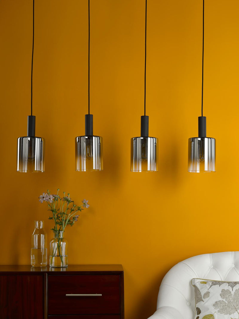 Dar Lighting Savannah 4 Light Bar Pendant Matt Black and Smoked Glass • SAV0422