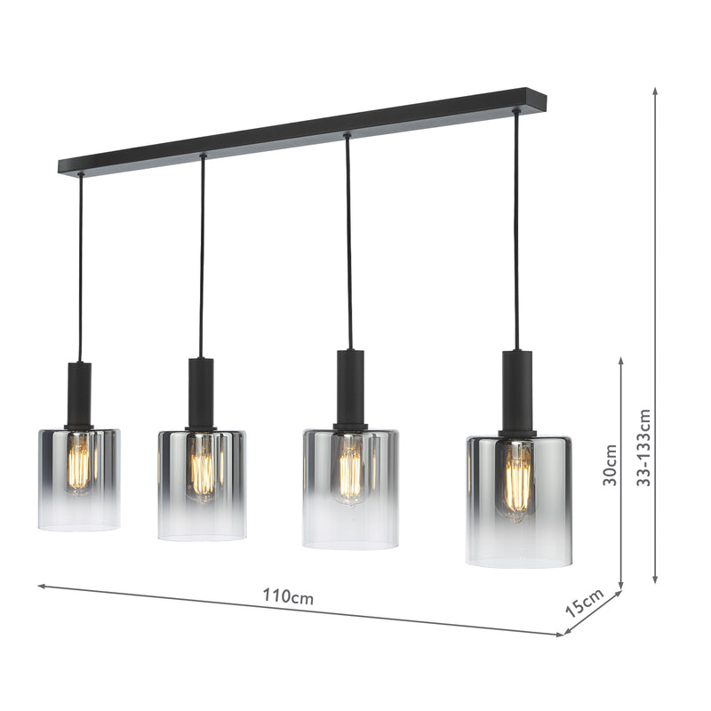 Dar Lighting Savannah 4 Light Bar Pendant Matt Black and Smoked Glass • SAV0422