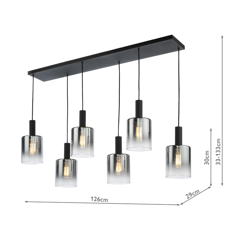 Dar Lighting Savannah 6 Light Bar Pendant Matt Black and Smoked Glass • SAV0622
