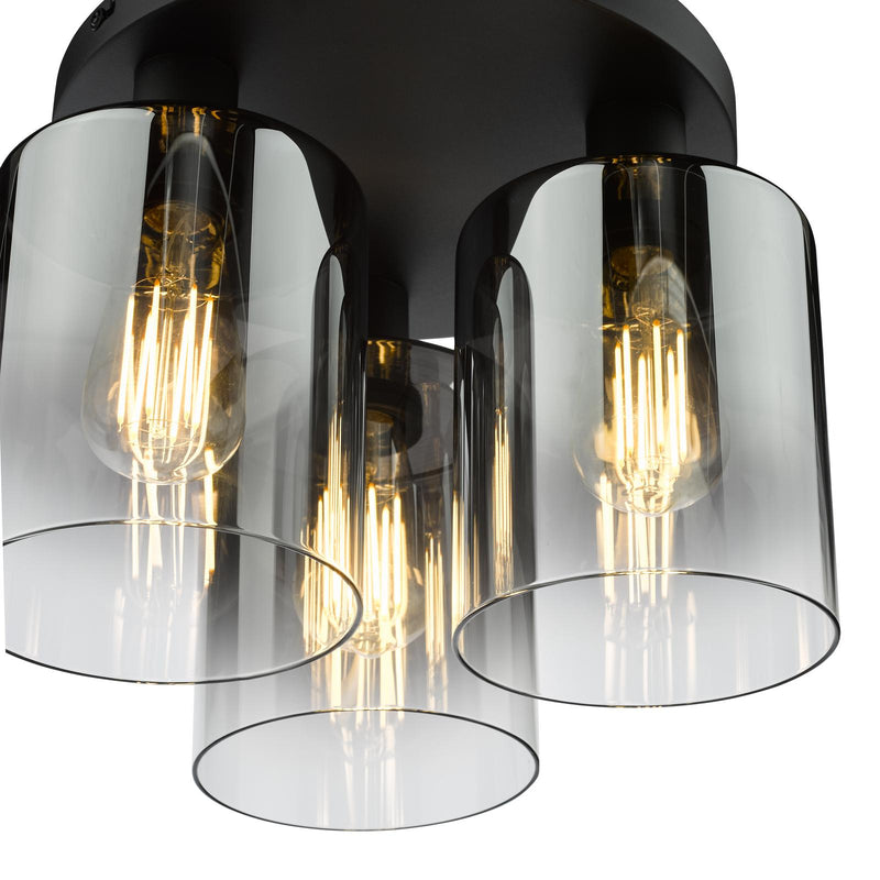 Dar Lighting Savannah 3 Light Flush Matt Black and Smoked Glass • SAV5322
