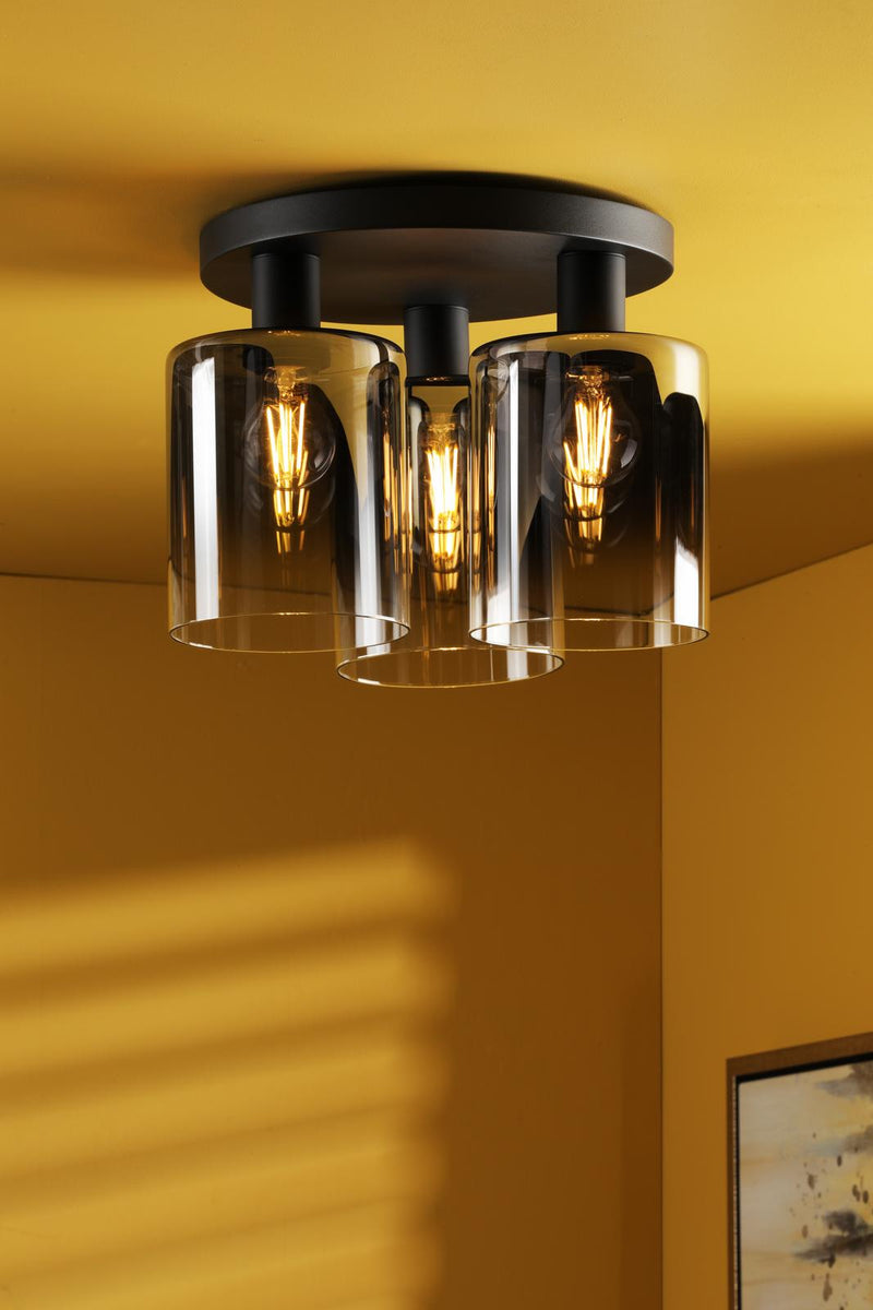 Dar Lighting Savannah 3 Light Flush Matt Black and Smoked Glass • SAV5322
