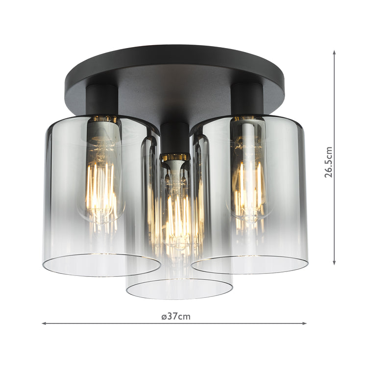 Dar Lighting Savannah 3 Light Flush Matt Black and Smoked Glass • SAV5322