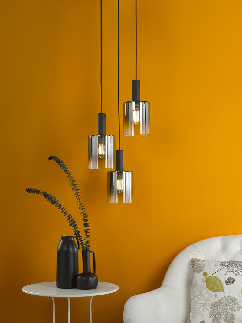 Dar Lighting Savannah 3 Light Cluster Pendant Matt Black and Smoked Glass • SAV8822