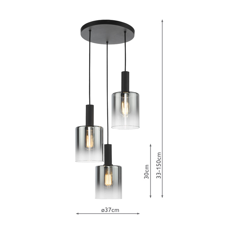 Dar Lighting Savannah 3 Light Cluster Pendant Matt Black and Smoked Glass • SAV8822