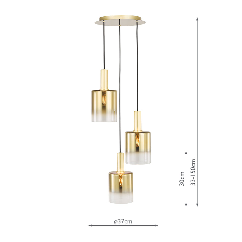 Dar Lighting Savannah 3 Light Cluster Pendant Satin Gold and Gold Ombre Glass • SAV8835