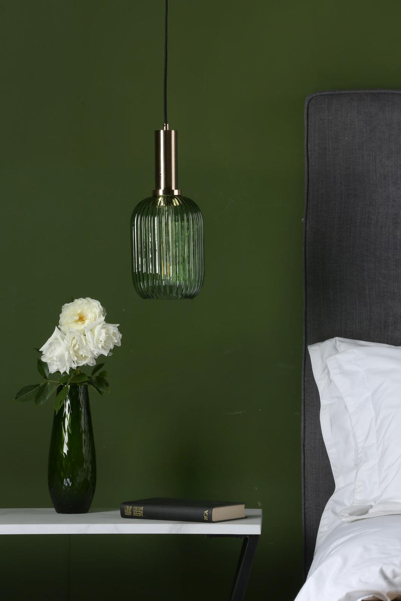 Dar Lighting Sawyer Easy Fit Pendant Green Ribbed Glass • SAW6524
