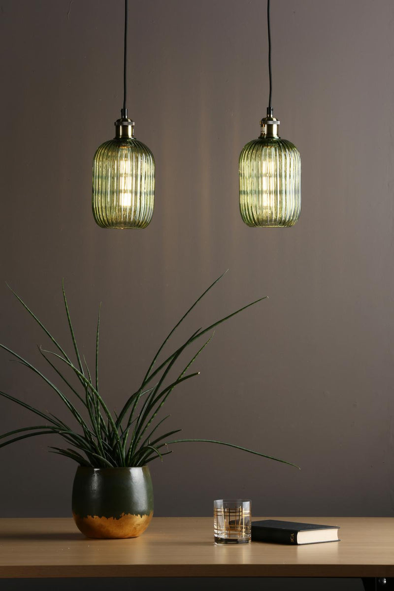 Dar Lighting Sawyer Easy Fit Pendant Green Ribbed Glass • SAW6524
