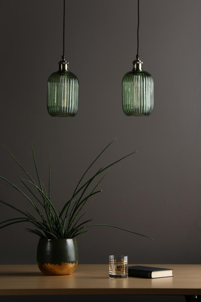 Dar Lighting Sawyer Easy Fit Pendant Green Ribbed Glass • SAW6524