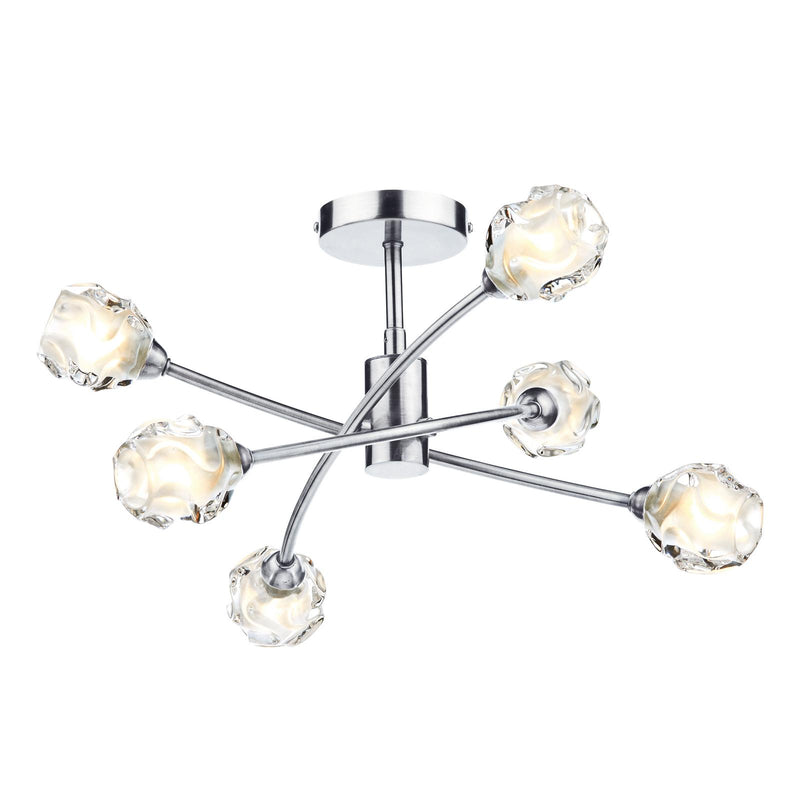 Dar Lighting Seattle 6lt Semi Flush Satin Chrome & Sculptured Glass • SEA0646