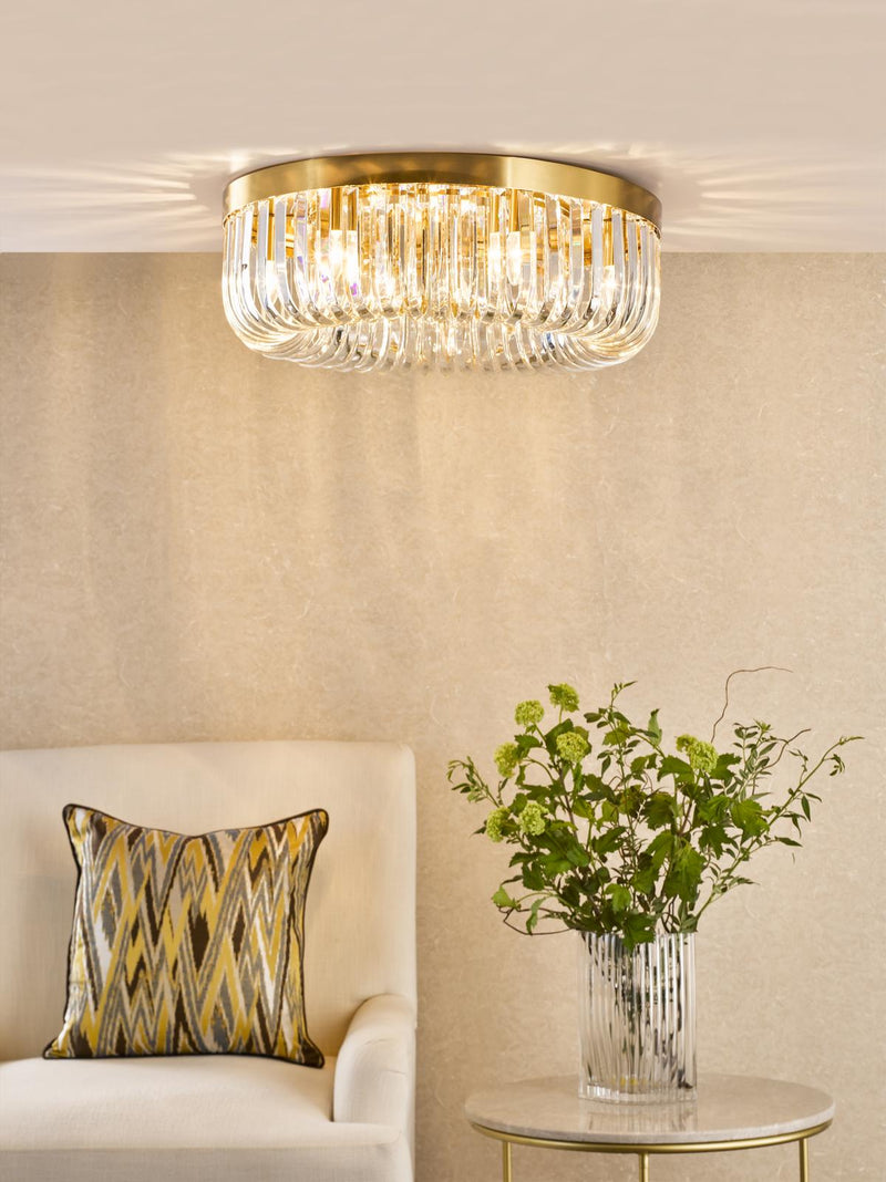 Dar Lighting Sigourney 6 Light Flush Satin Gold and Crystal • SIG6435