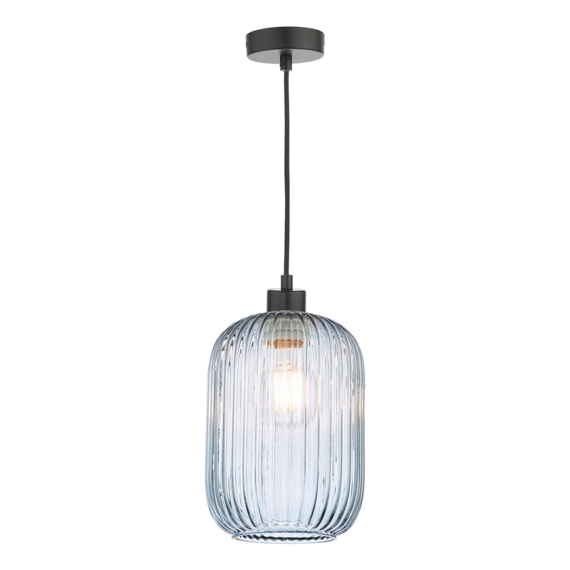 Dar Lighting Sawyer Pendant Matt Black and Blue Ribbed Glass • SP69-SAW6523