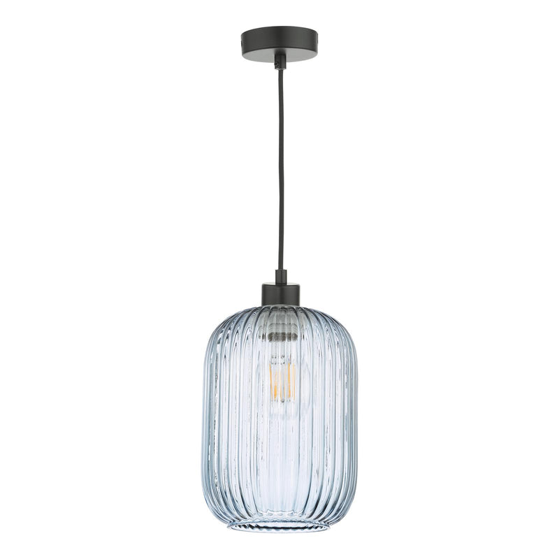 Dar Lighting Sawyer Pendant Matt Black and Blue Ribbed Glass • SP69-SAW6523