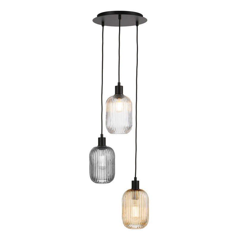 Dar Lighting Accessories 3 Light Cluster Pendant Matt Black and Ribbed Glass • SPC0322-MIX