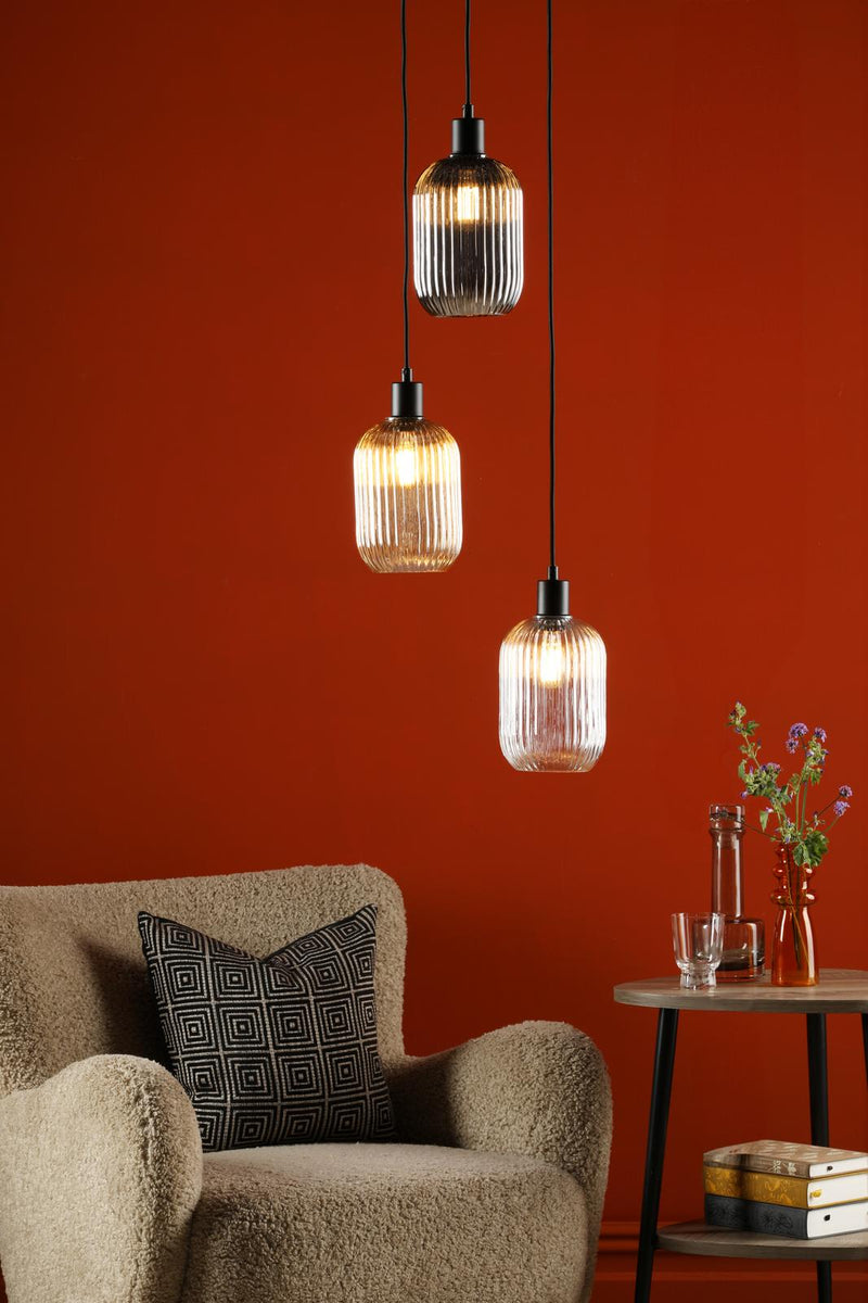Dar Lighting Accessories 3 Light Cluster Pendant Matt Black and Ribbed Glass • SPC0322-MIX